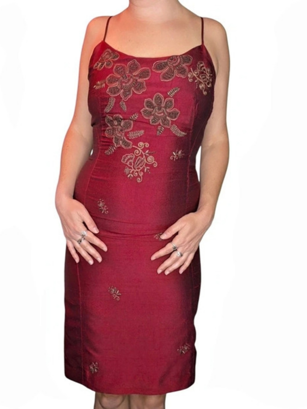 90s Whimsical 100% Silk Fairy Burgundy & Brown Beaded Floral Mini Dress Size 2